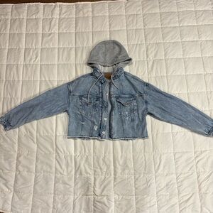 American Eagle Outfitters Blue Jean Jacket with Gray Hood